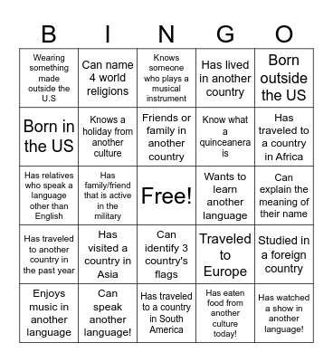 Culture Bingo! Bingo Card