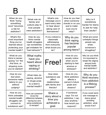 Recovery Bingo Card