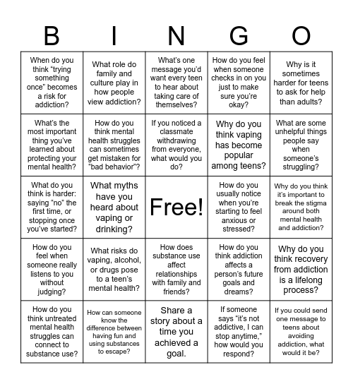 Recovery Bingo Card