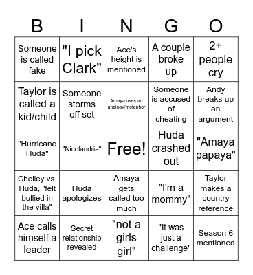 Love Island Reunion Bingo Card
