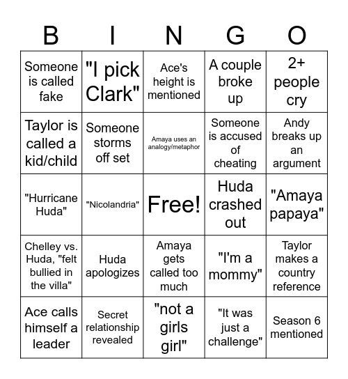 Love Island Reunion Bingo Card