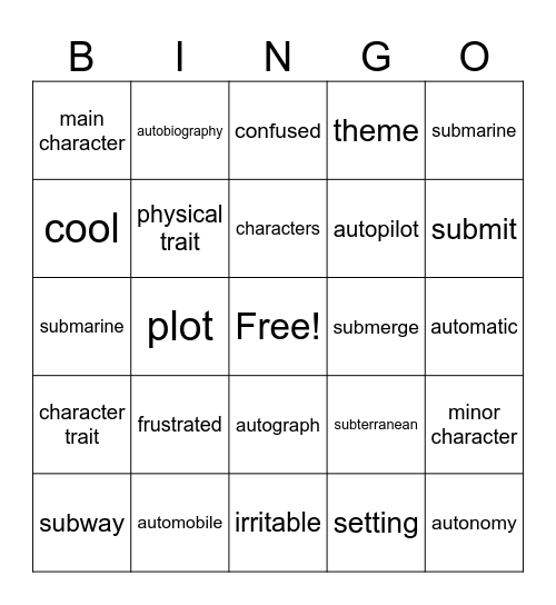 Vocab. Bingo: Out of My Mind, DOL 1 and 2, Bingo Card