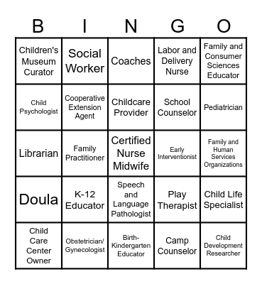 Careers Working with Children Bingo Card