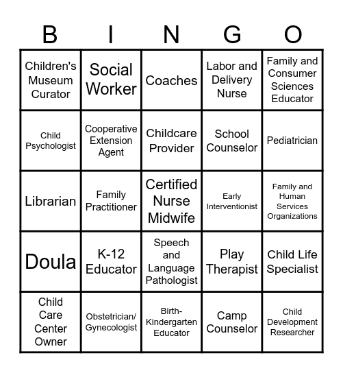 Careers Working with Children Bingo Card