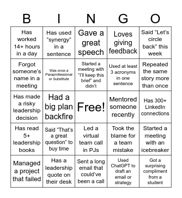 Leadership Bingo Card