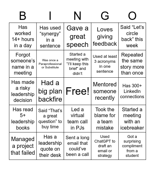 Leadership Bingo Card