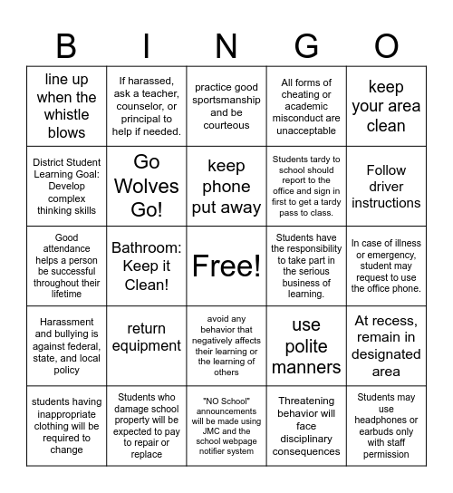 First Days - Handbook & PBIS Bingo Card