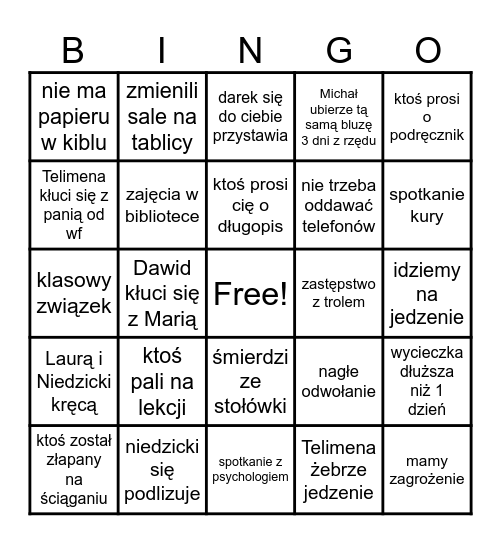 bingo szkolne Bingo Card