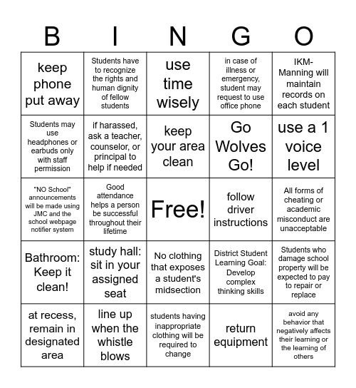 First Days - PBIS & Handbook Bingo Card