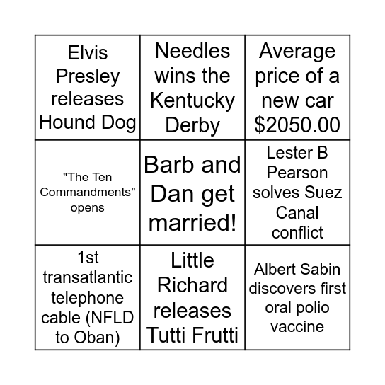 It Happened in 1956! Bingo Card