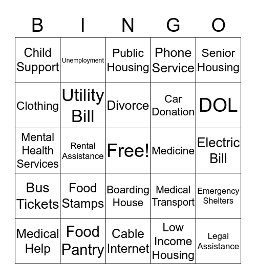 Community Resource Bingo Card