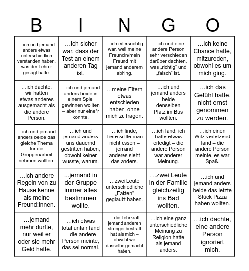 Konflikte - Ich hatte mal Streit, weil.... Bingo Card