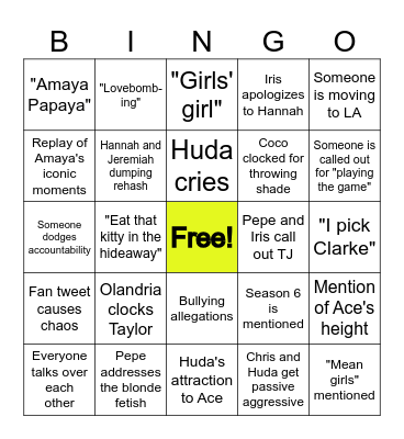 Love Island Reunion (Season 7) Bingo Card