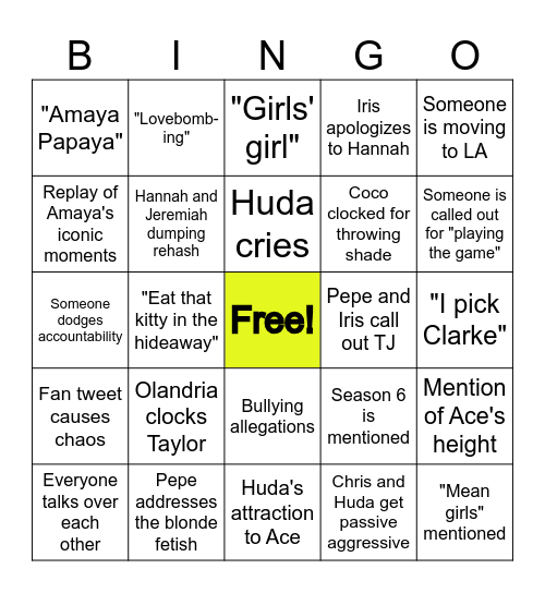 Love Island Reunion (Season 7) Bingo Card