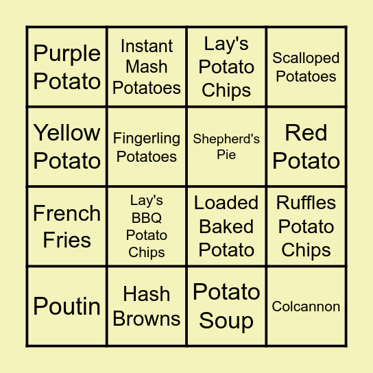 Hot Potato Bingo Card