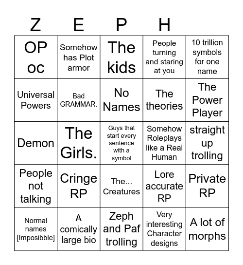 RP BINGO CARD!!! [Special Guest: Zeph] Bingo Card