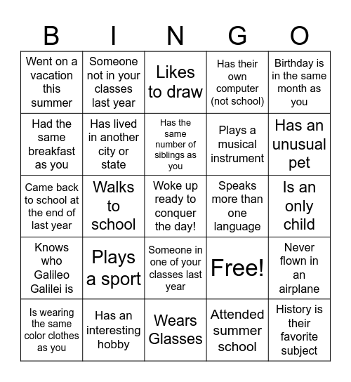High School Classmate Bingo Card