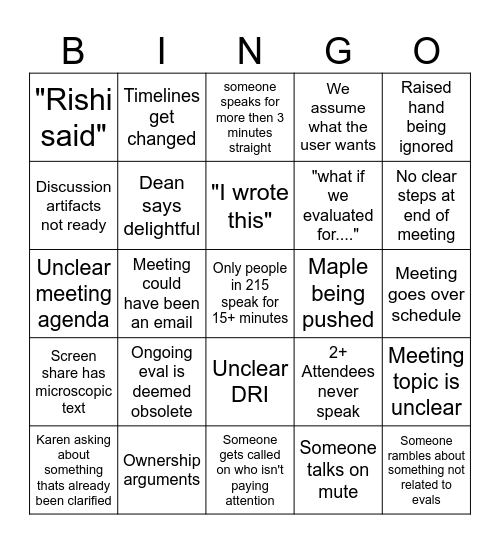 Eval Meeting Bingo Card