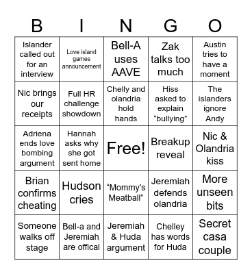 Love Island Reunion Bingo Card