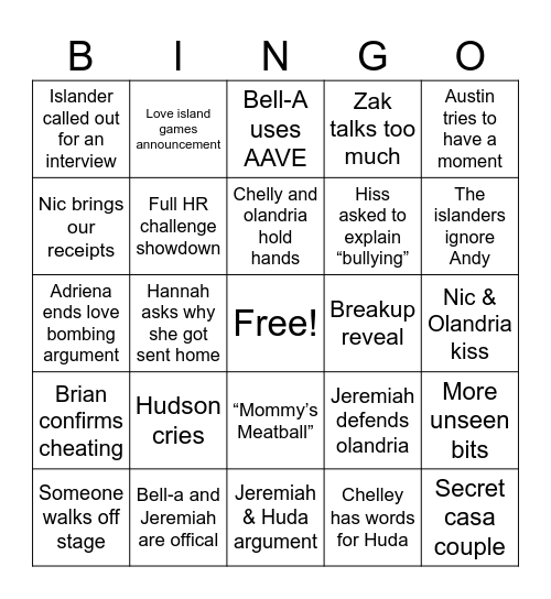Love Island Reunion Bingo Card