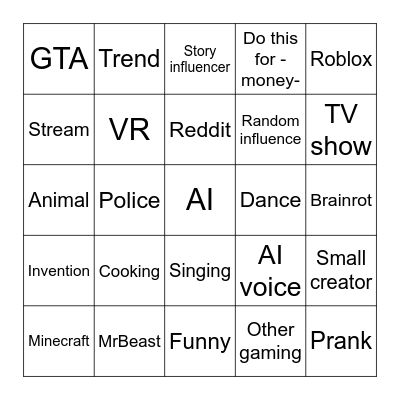 Shorts bingo Card