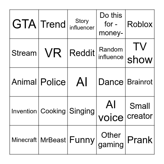 Shorts bingo Card