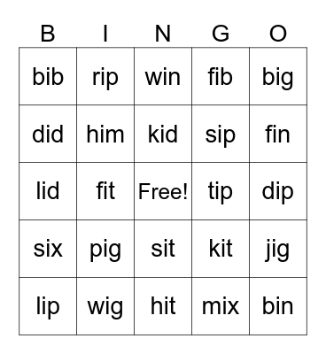 Short i Bingo Card