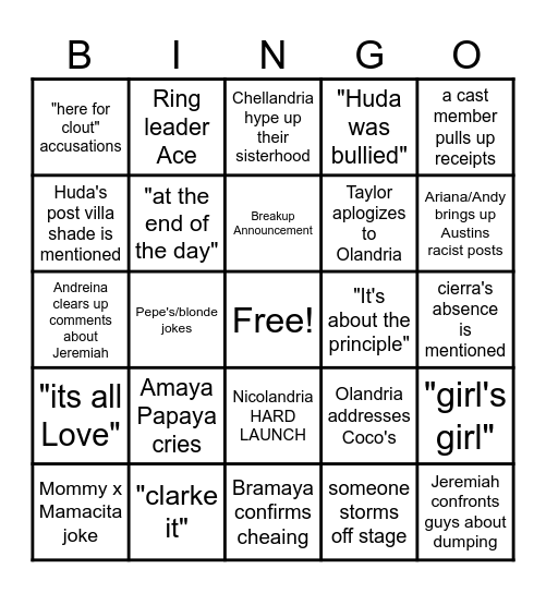 LOVE ISLAND S7 REUNION Bingo Card