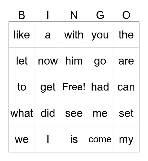 Sight Word Bingo Card