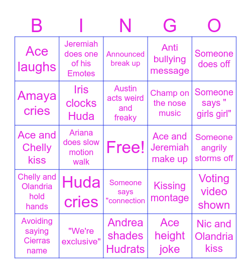 Love Island Reunion Bingo Card