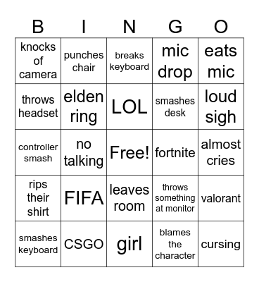 gamer rage bingo Card