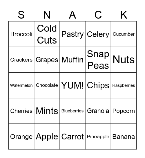 Snack Time Bingo Card