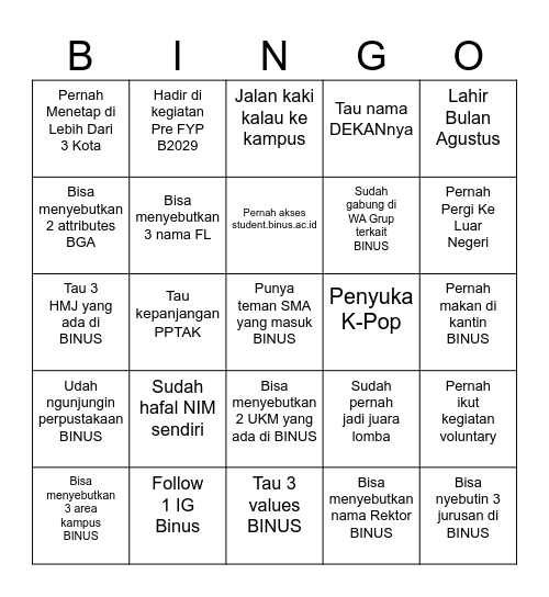 Student Life BINGO Card