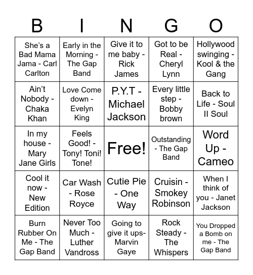 Old School Jams Bingo Card