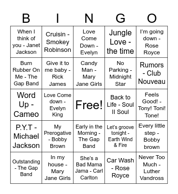 Old School Jams Bingo Card