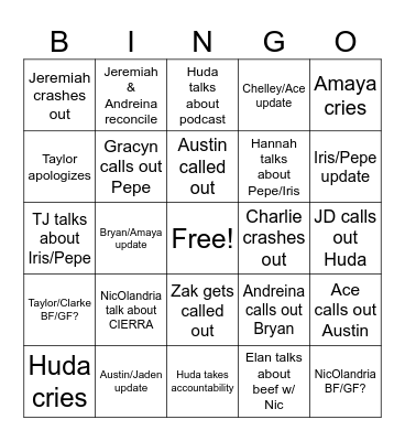 Love Island Season 7 Reunion Bingo Card