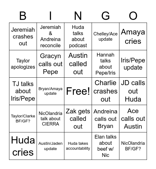 Love Island Season 7 Reunion Bingo Card