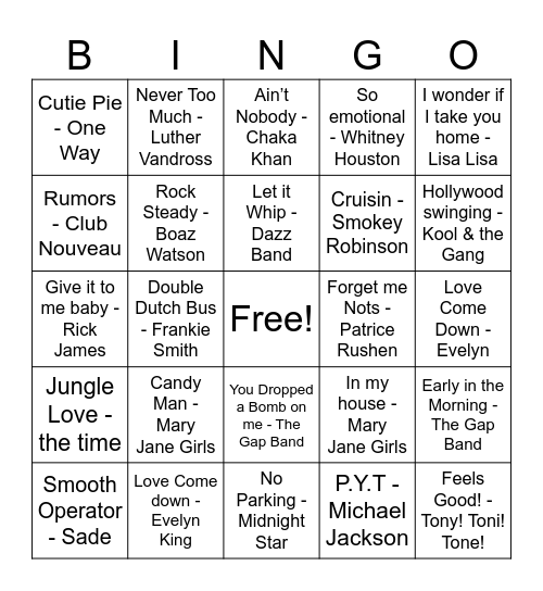 Old School Jams Bingo Card