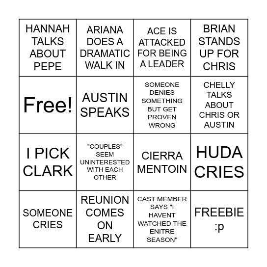 LOVE ISLAND REUNION Bingo Card