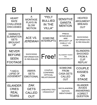 LOVE ISLAND REUNION!!!!!!! Bingo Card