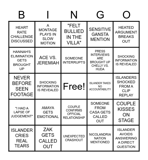 LOVE ISLAND REUNION!!!!!!! Bingo Card
