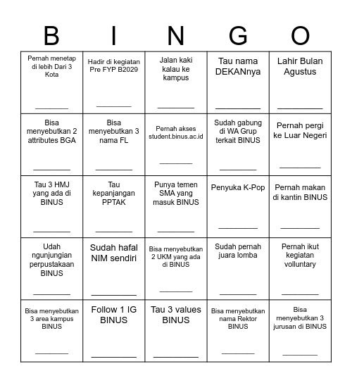 Bingo Student Life Bingo Card