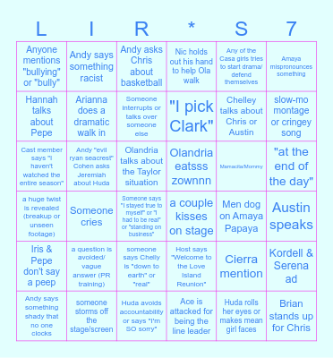 Love Island Reunion S7 Bingo Card