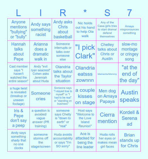 Love Island Reunion S7 Bingo Card