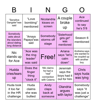 Love Island S7 Reunion Bingo Card