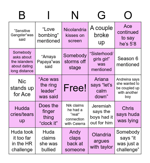 Love Island S7 Reunion Bingo Card