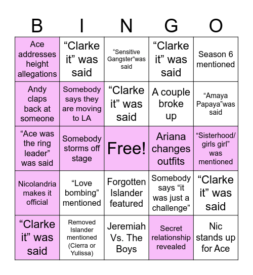 Love Island S7 Reunion Bingo Card