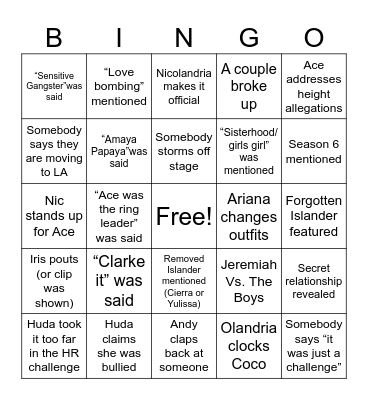 Love Island S7 Reunion Bingo Card