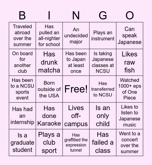 JSA Human Bingo Card