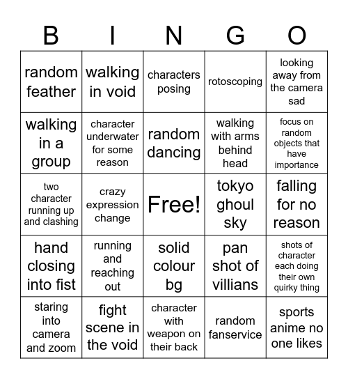 Anime OP Bingo Card